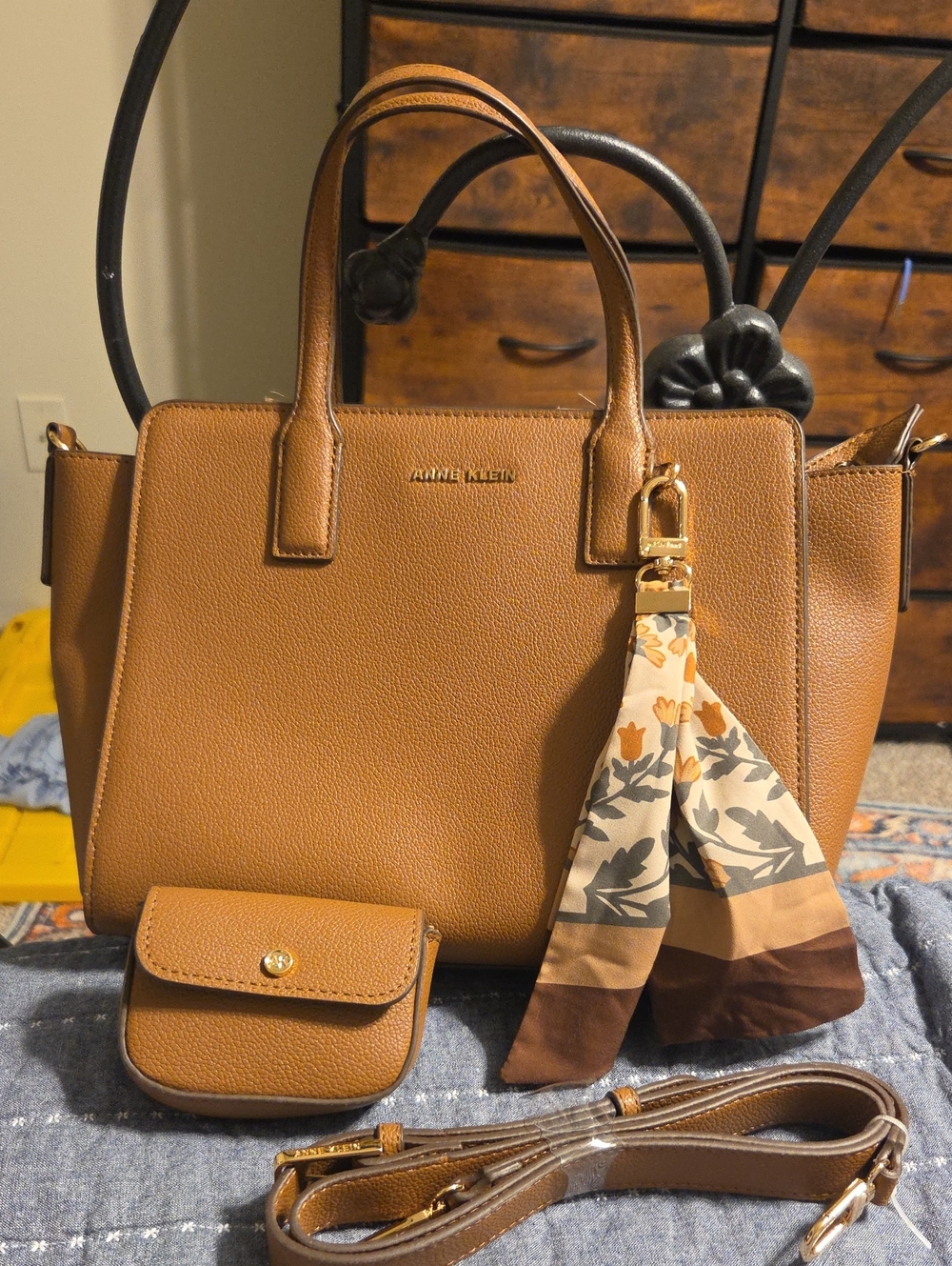 Anne Klein Cognac Pebbled Leather Satchel with Scarf Charm